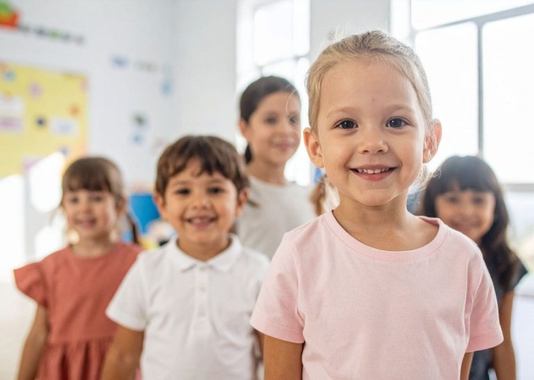 Groupe d'enfants souriants, suivi orthodontique dès l'âge de 6 ans, cabinet des Drs Yvart à Villeneuve d'Ascq